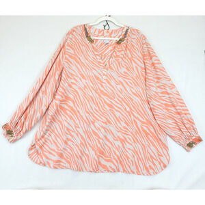 Chico's Animal Print Beaded Sequin Modal Tunic Women XXL Coral Beige V Neck